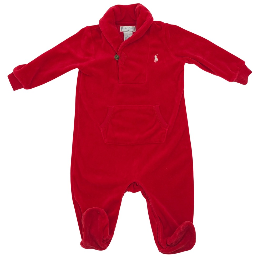 Ralph Lauren Footed Sleeper Baby Red Velour Shawl Collar Romper 6M‎